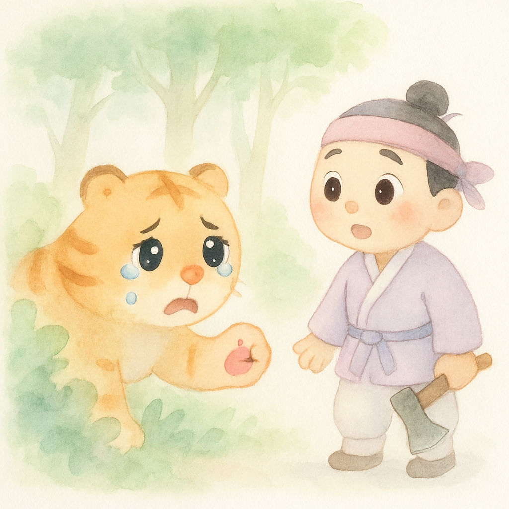 발에 가시가 박혀 눈물을 흘리는 큰 호랑이가 덤불에서 나타나는 장면